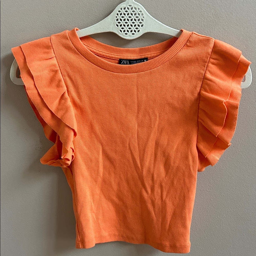 Zara Orange Ruffle Flutter Sleeve Crop Top Size  Small